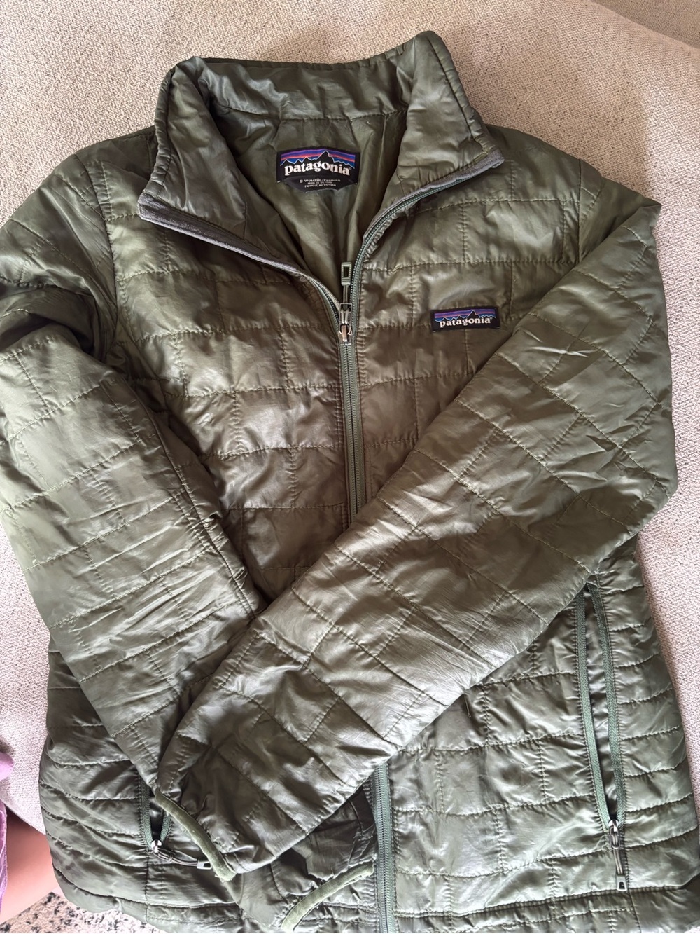 Patagonia Olive Green Puffer Jacket with Multicolor Logo